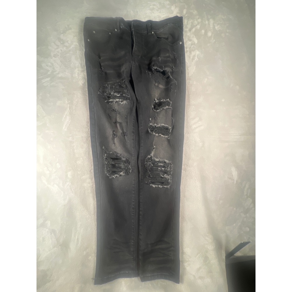Amiri Mens Distressed Black Denim Jeans Slim Fit Ribbed Ripped Size 34 x 34